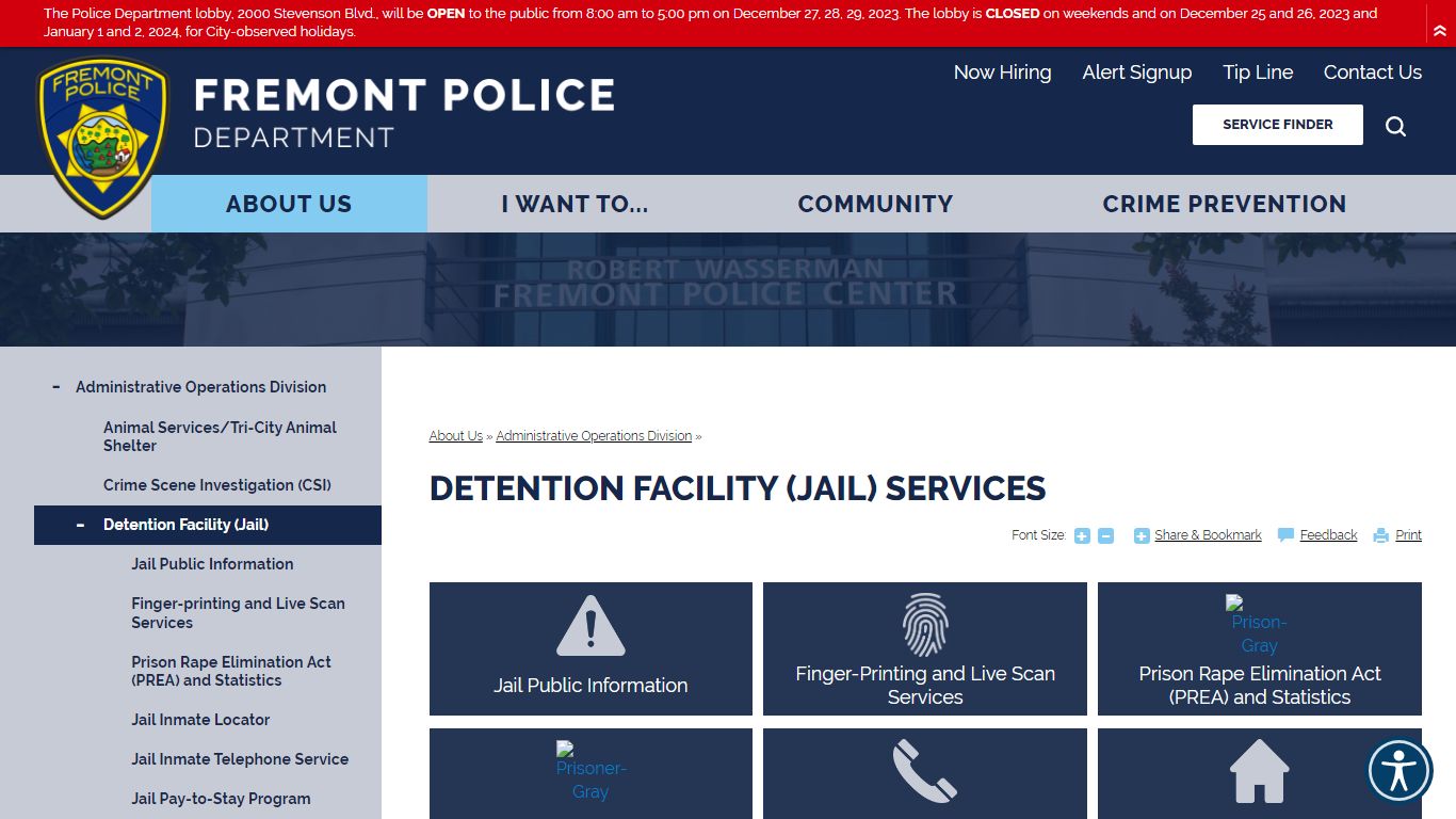 Detention Facility (Jail) Services | Fremont Police Department, CA